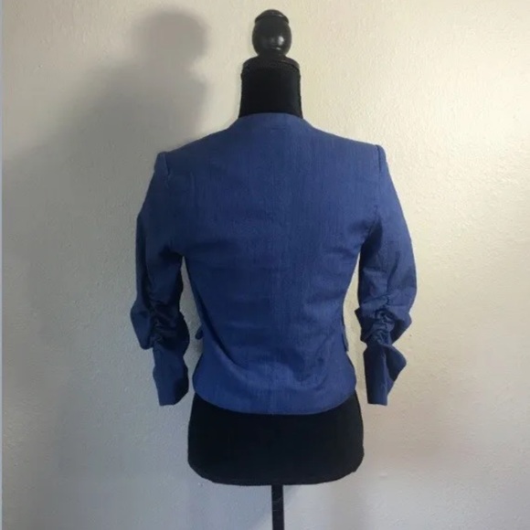 NWT! ESLEY Blue Cotton Blend Ruched Sleeve Open Cut Blazer Jacket - Small - Picture 12 of 16
